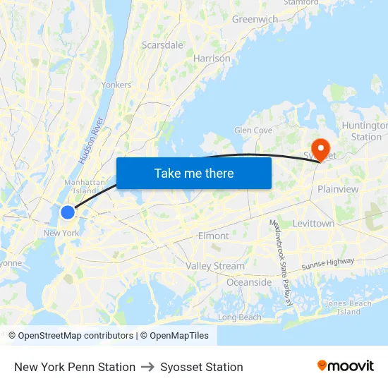New York Penn Station to Syosset Station map