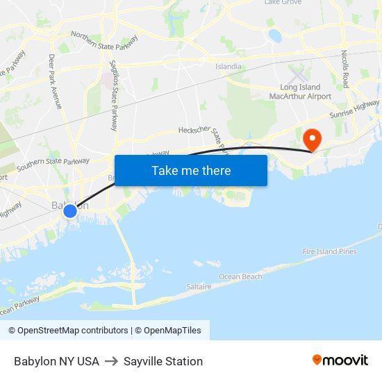 Babylon NY USA to Sayville Station map