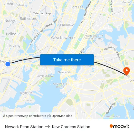 Newark Penn Station to Kew Gardens Station map