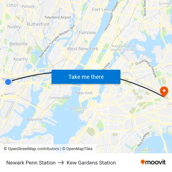 Newark Penn Station to Kew Gardens Station map
