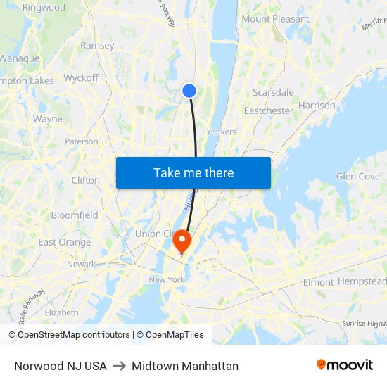 Norwood NJ USA to Midtown Manhattan map