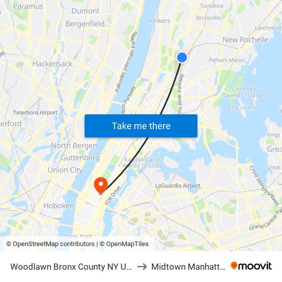 Woodlawn Bronx County NY USA to Midtown Manhattan map