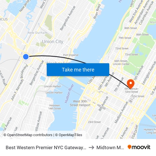 Best Western Premier NYC Gateway Hotel North Bergen to Midtown Manhattan map