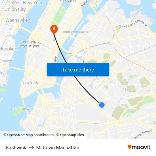 Bushwick to Midtown Manhattan map