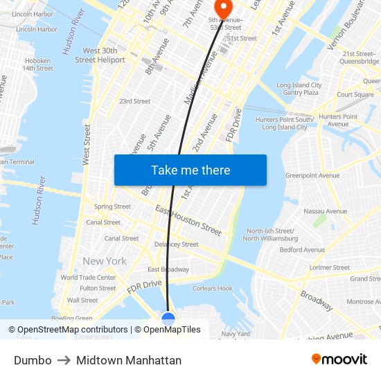 Dumbo to Midtown Manhattan map