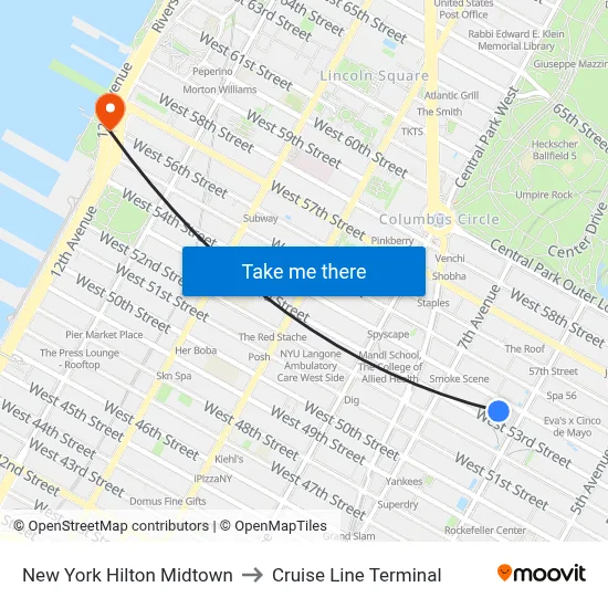 New York Hilton Midtown to Cruise Line Terminal map