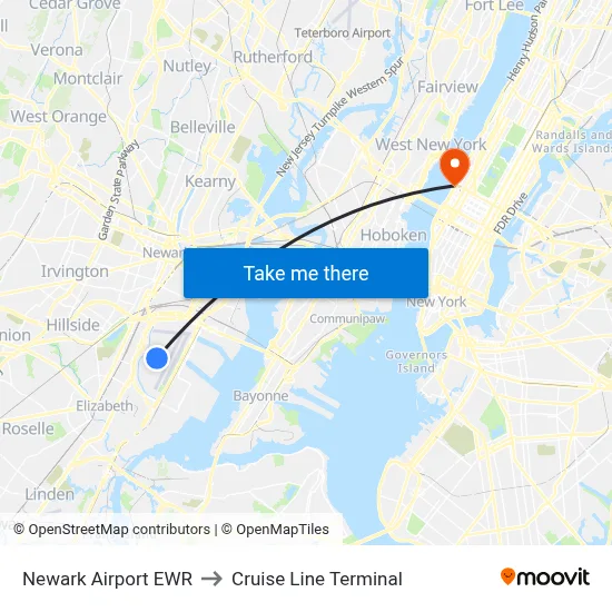 Newark Airport EWR to Cruise Line Terminal map
