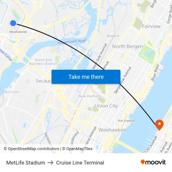 MetLife Stadium to Cruise Line Terminal map