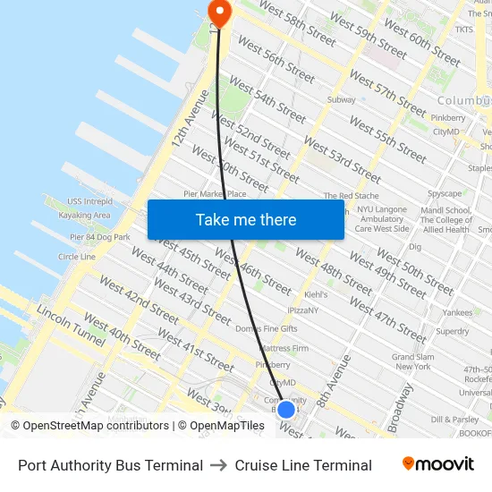 Port Authority Bus Terminal to Cruise Line Terminal map