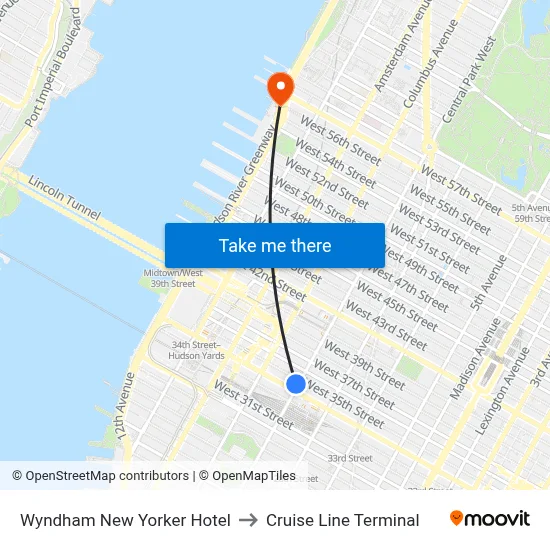Wyndham New Yorker Hotel to Cruise Line Terminal map