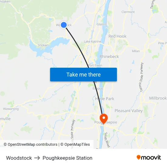 Woodstock to Poughkeepsie Station map