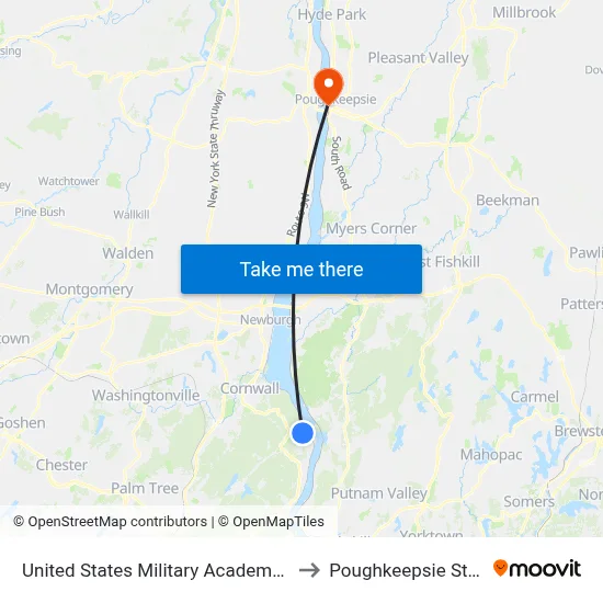 United States Military Academy Aafes to Poughkeepsie Station map