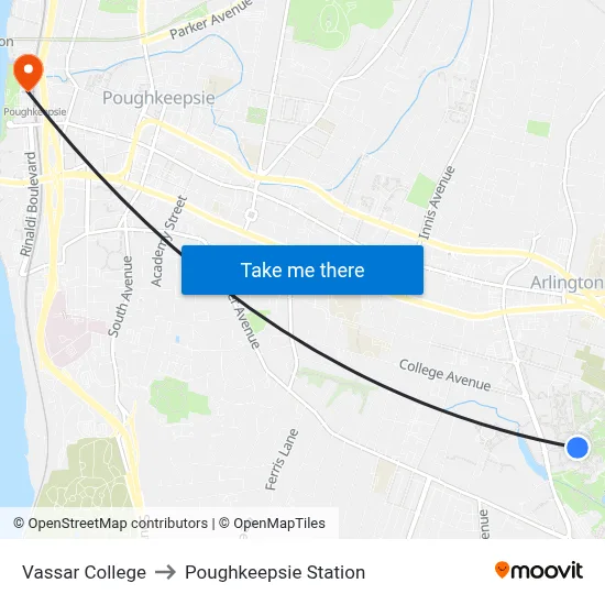 Vassar College to Poughkeepsie Station map