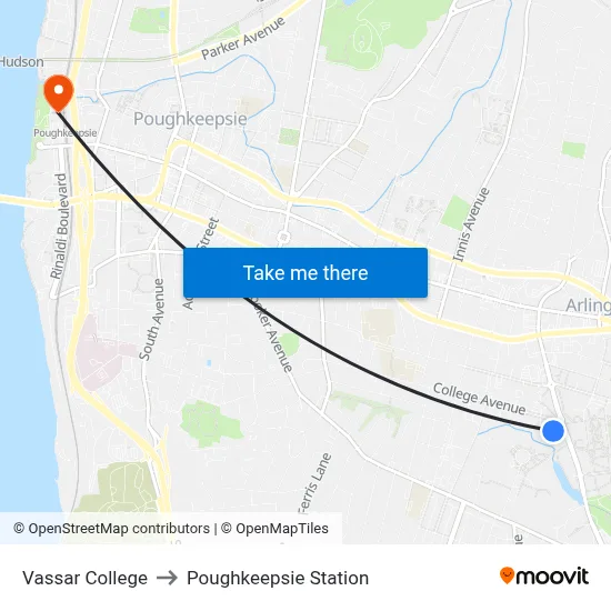 Vassar College to Poughkeepsie Station map