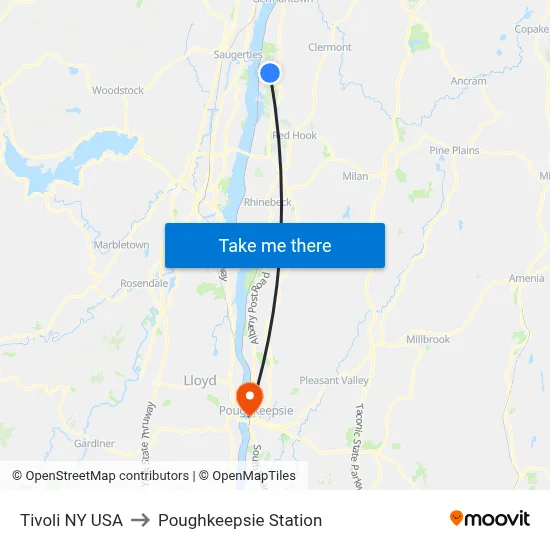 Tivoli NY USA to Poughkeepsie Station map