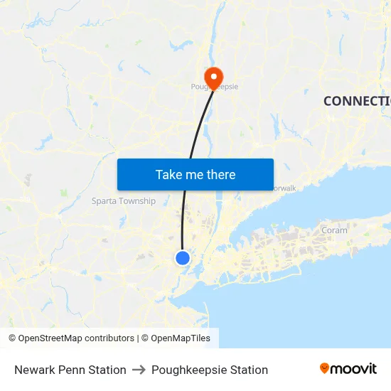 Newark Penn Station to Poughkeepsie Station map