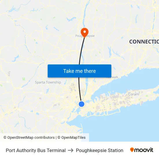 Port Authority Bus Terminal to Poughkeepsie Station map