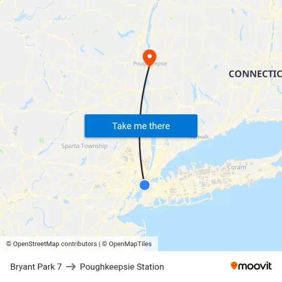 Bryant Park 7 to Poughkeepsie Station map