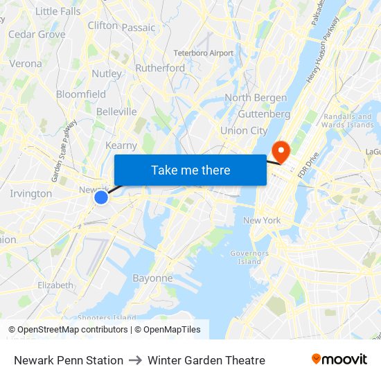 Newark Penn Station to Winter Garden Theatre map