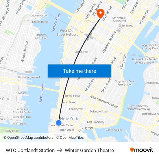 WTC Cortlandt Station to Winter Garden Theatre map