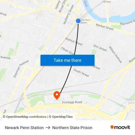 Newark Penn Station to Northern State Prison map