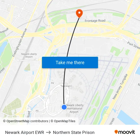 Newark Airport EWR to Northern State Prison map