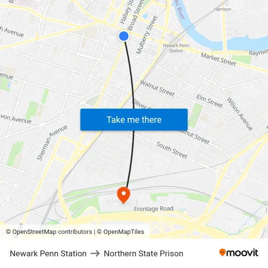 Newark Penn Station to Northern State Prison map