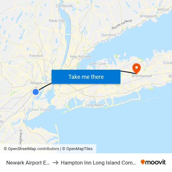 Newark Airport EWR to Hampton Inn Long Island Commack map