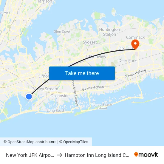 New York JFK Airport JFK to Hampton Inn Long Island Commack map