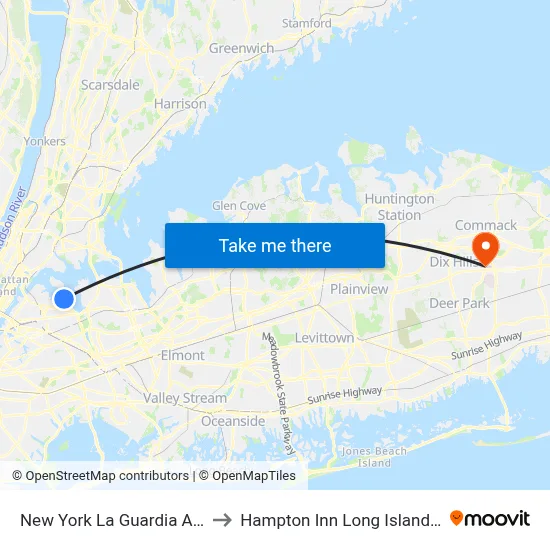 New York La Guardia Airport LGA to Hampton Inn Long Island Commack map