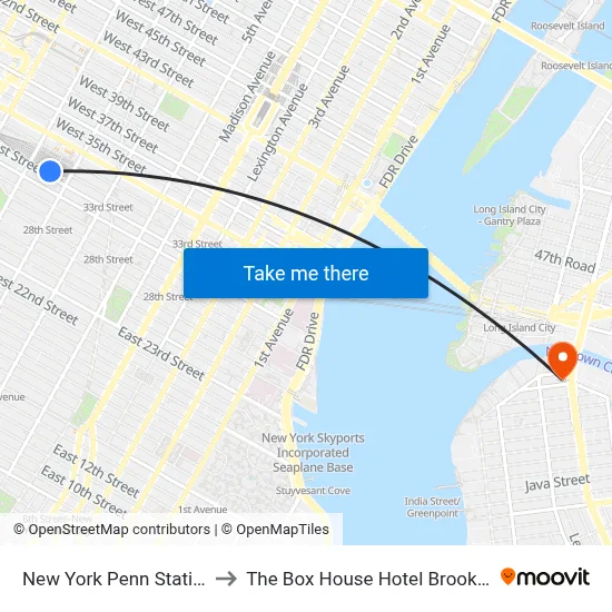 New York Penn Station to The Box House Hotel Brooklyn map
