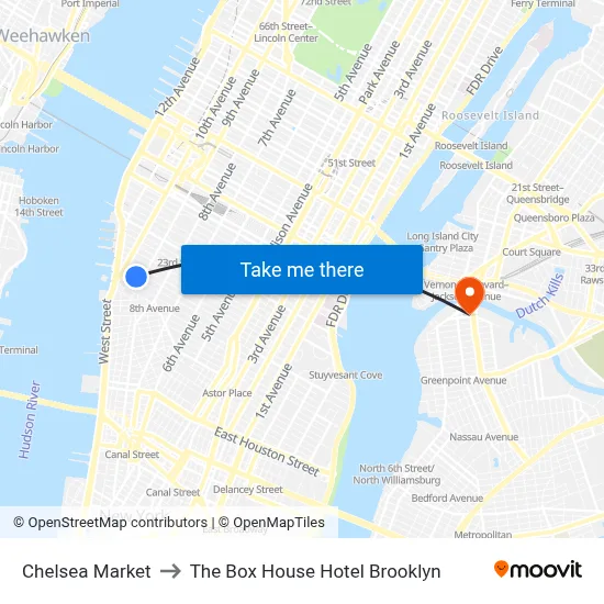Chelsea Market to The Box House Hotel Brooklyn map
