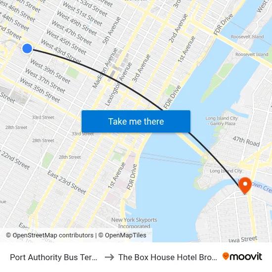 Port Authority Bus Terminal to The Box House Hotel Brooklyn map