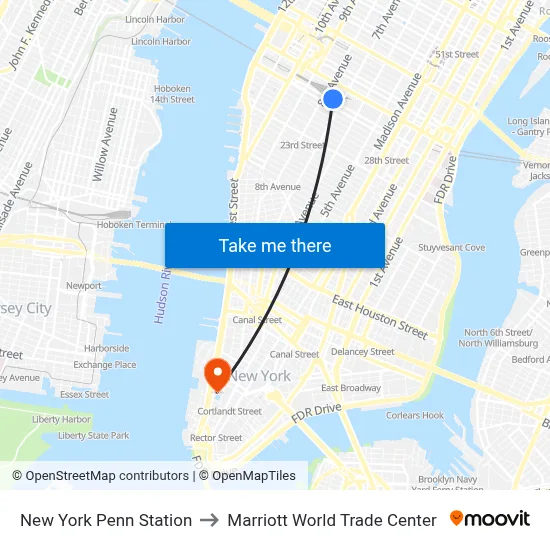 New York Penn Station to Marriott World Trade Center map