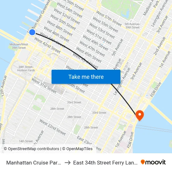 Manhattan Cruise Parking to East 34th Street Ferry Landing map