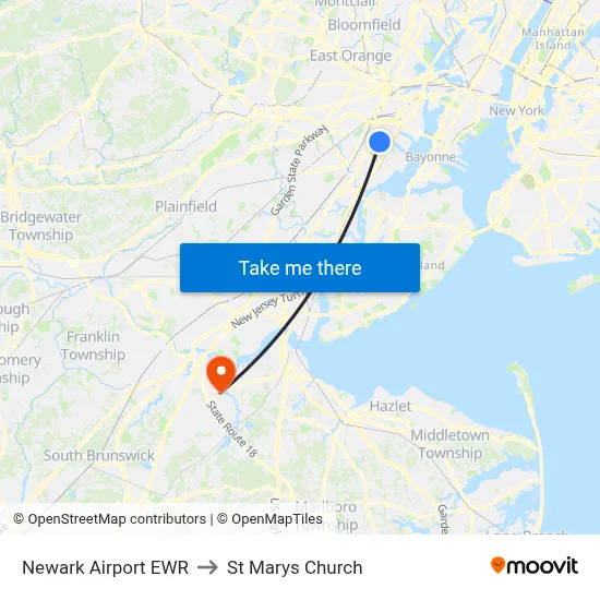 Newark Airport EWR to St Marys Church map