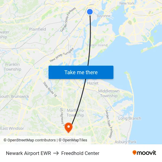 Newark Airport EWR to Freedhold Center map