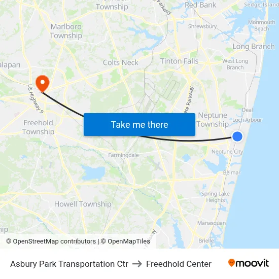Asbury Park Transportation Ctr to Freedhold Center map