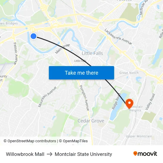 Willowbrook Mall to Montclair State University map