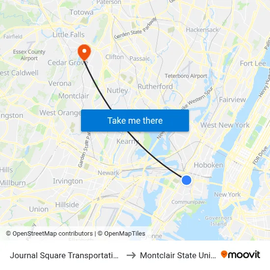 Journal Square Transportation Center to Montclair State University map