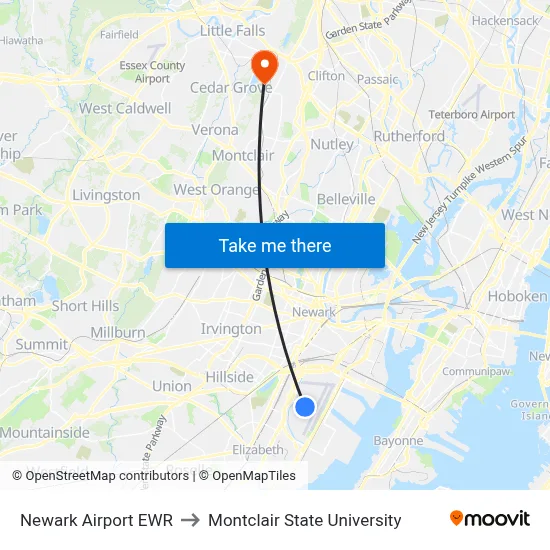Newark Airport EWR to Montclair State University map