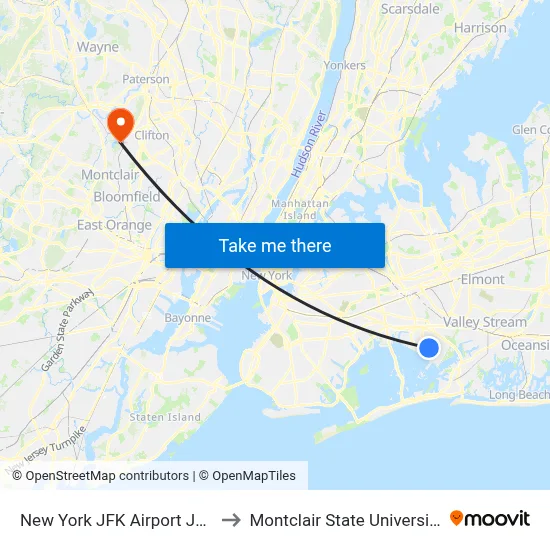 New York JFK Airport JFK to Montclair State University map