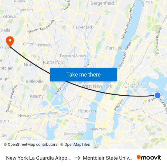 New York La Guardia Airport LGA to Montclair State University map