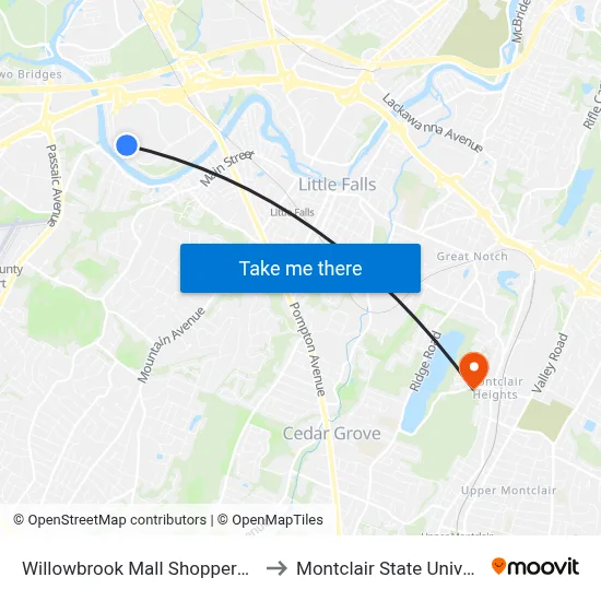Willowbrook Mall Shoppers Stop to Montclair State University map