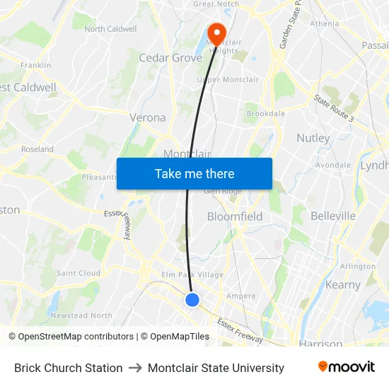 Brick Church Station to Montclair State University map