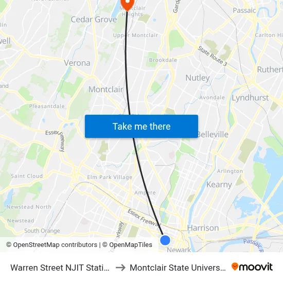Warren Street NJIT Station to Montclair State University map