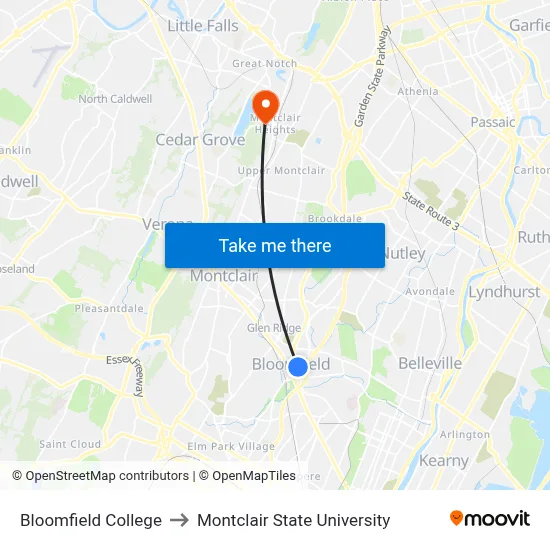 Bloomfield College to Montclair State University map