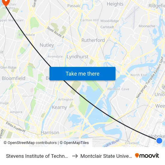 Stevens Institute of Technology to Montclair State University map