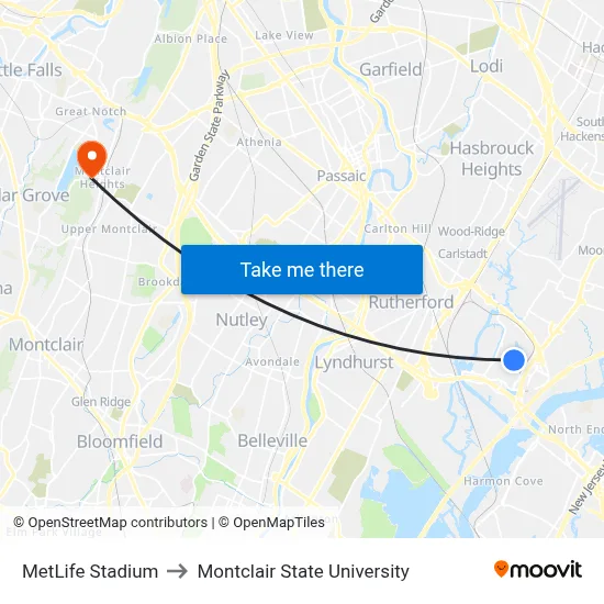 MetLife Stadium to Montclair State University map