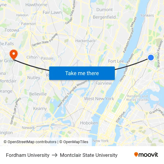 Fordham University to Montclair State University map